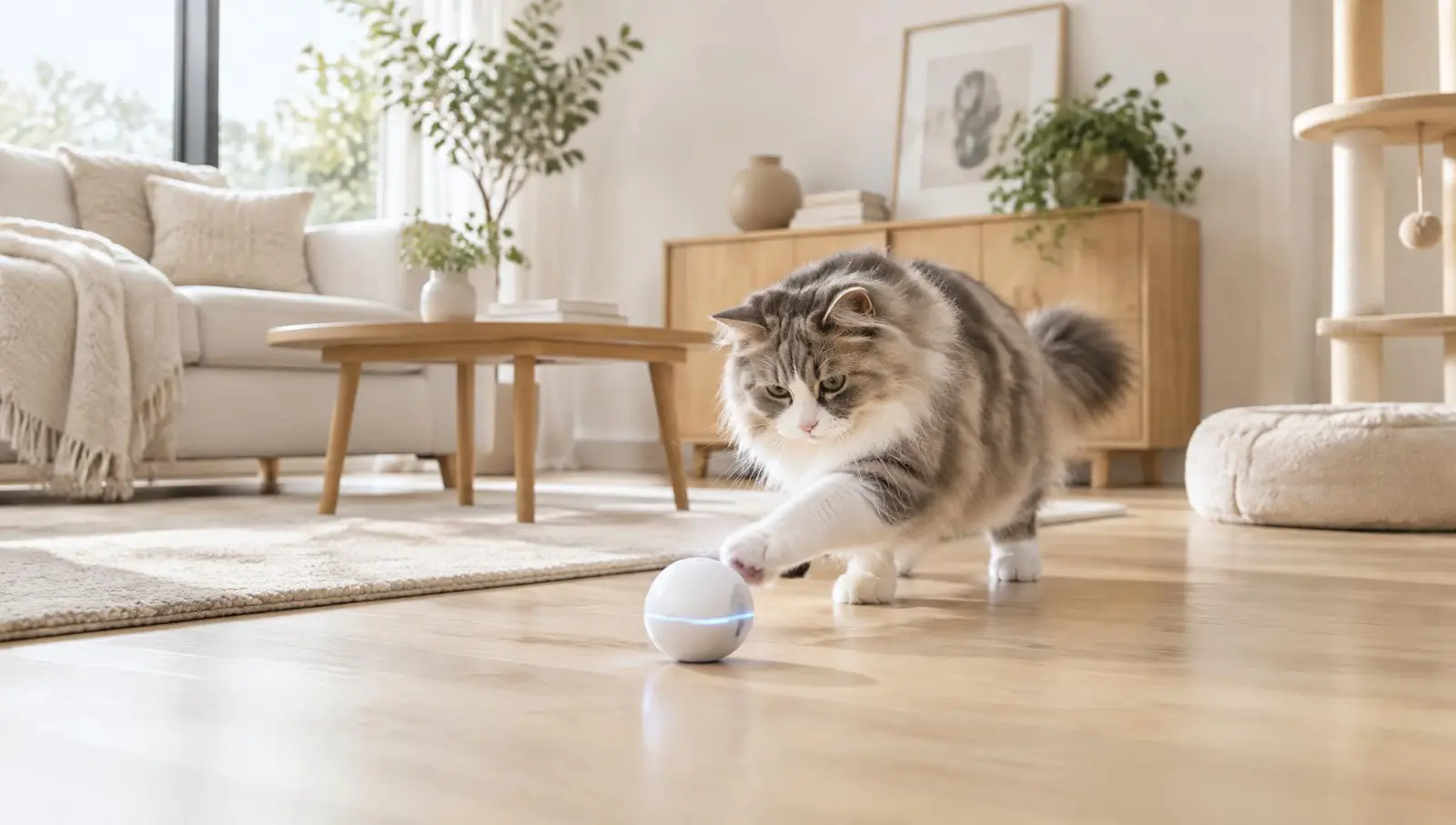 A fluffy cat playing with an interactive rolling ball toy in a bright living room