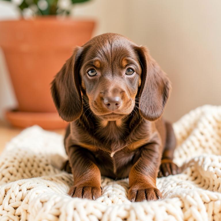 Chocolate dachshund puppy sitting on a cream blanket